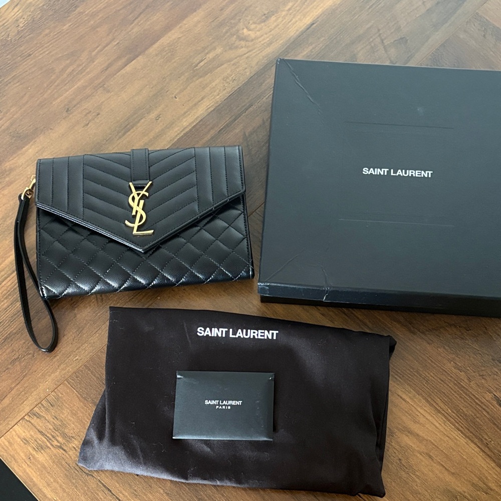 Saint Laurent Black Quilted Clutch with Gold Logo